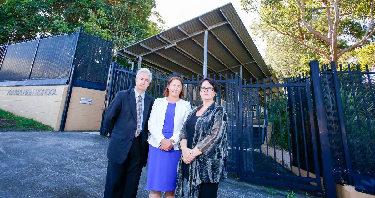 Not happy: Labor's Adam Searle, Fiona Phillips and Penny Sharpe at Kiama High School on Tuesday say the government needs to step up over maintenance backlogs. Picture: Adam McLean