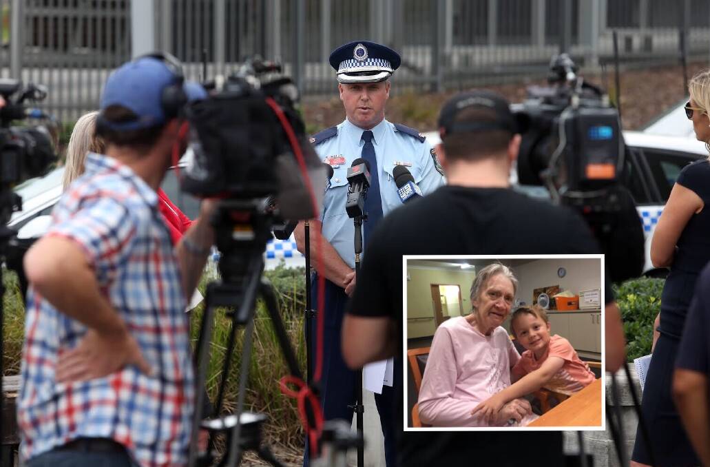 'Unfathomable': Police held a press conference to reveal more details of the alleged assaults against five elderly patients at a Warilla aged care facility. Inset: Violet Tease with great grandson Jax Herman in 2017. Picture: Robert Peet