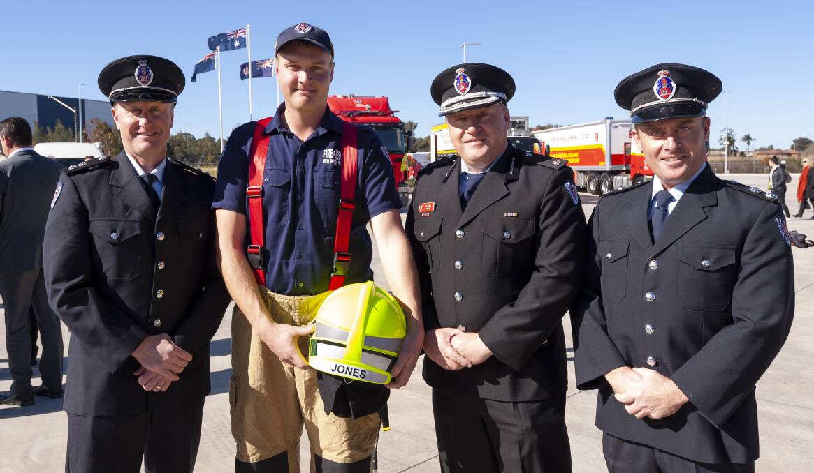 Family business: New recruit Daniel Jones with his uncle station officer Luke Jones (left), father Inspector Rick Jones and other uncle station officer Ross Jones. Picture: Fire and Rescue NSW