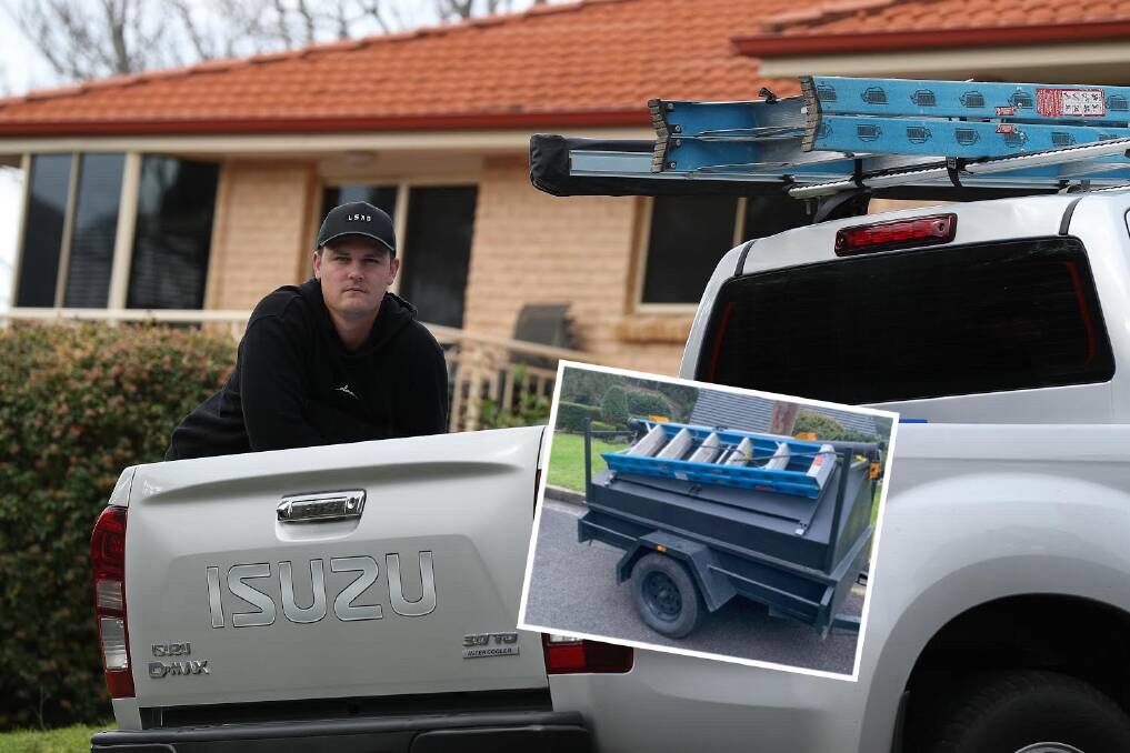Tradie hit hard: Taylor Harvey has thanked the community for spreading the word about his stolen tools and trailer (inset) on Sunday night. Picture: Robert Peet