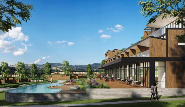 Up-market: An eco-tourism resort complete with panoramic terrace, pool and rooftop bar is planned for Dunmore. Picture: Nordon Jago Architects