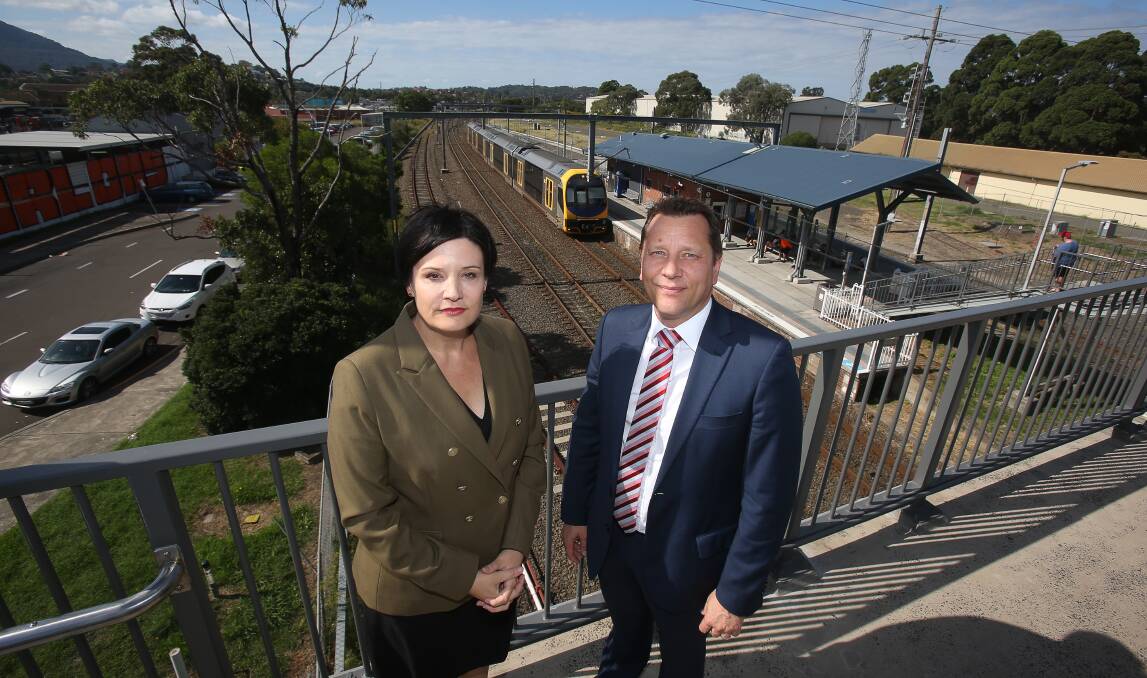 Shadow Transport Minister Jodi McKay and Wollongong MP Paul Scully reaffirmed Labor's commitment to provide lifts at Unanderra Station in April. Picture: Robert Peet