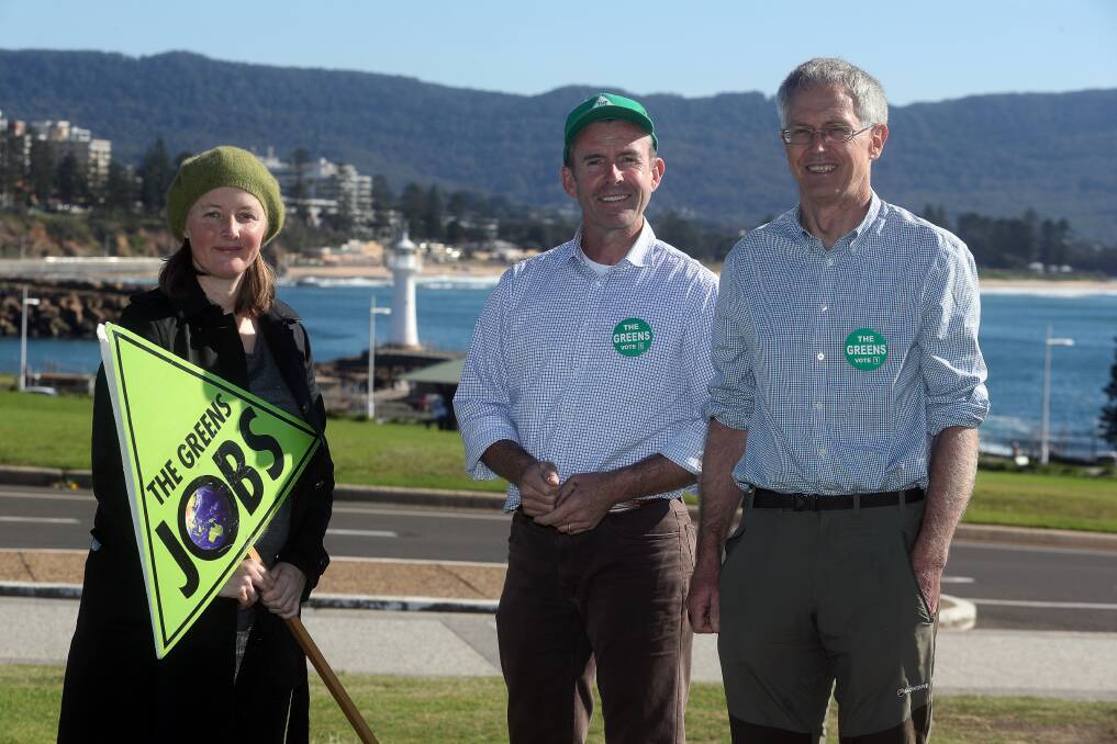 Proposal: Wollongong City councillor Cath Blakey with Greens candidates for Whitlam Jamie Dixon and for Cunningham Rowan Huxtable want to establish a recycling facility in the Illawarra. Picture: Robert Peet