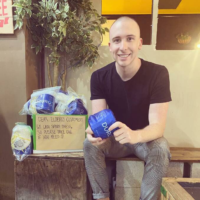 Chase Murray is offering elderly and vulnerable people a free roll of toilet paper from his Dapto cafe and restaurant. Picture: Alexander's Cafe Facebook