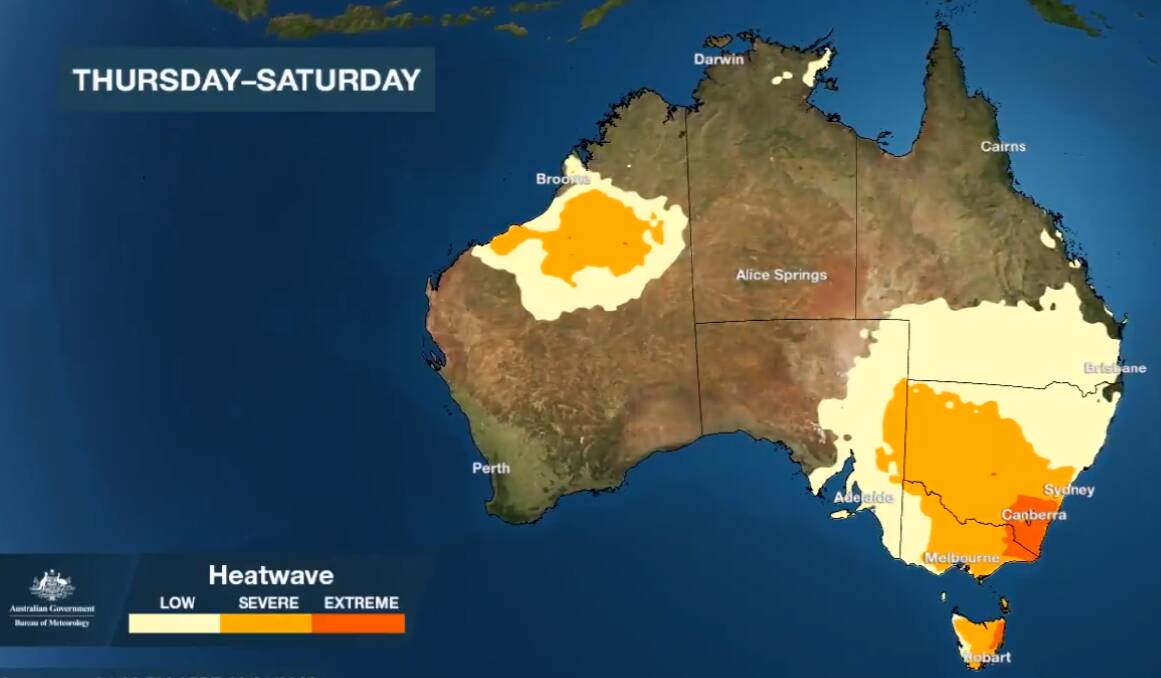 The map shows the heatwave that will bring an increased fire danger over much of the Illawarra on the weekend. Picture: Bureau of Meteorology 