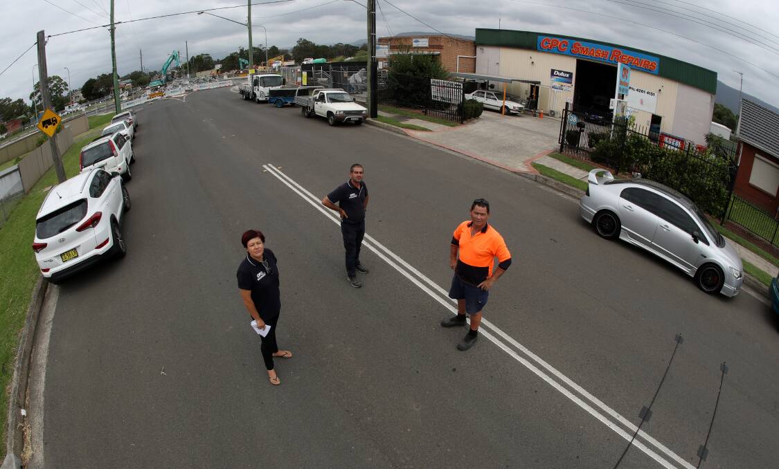 Dismayed: Rita Di Cesare, Gino Di Cesare and Murray Rollings fear changes to Marshall Street, Dapto because of the Fowlers Road bridge will mean they will need to close their businesses. Picture: Robert Peet