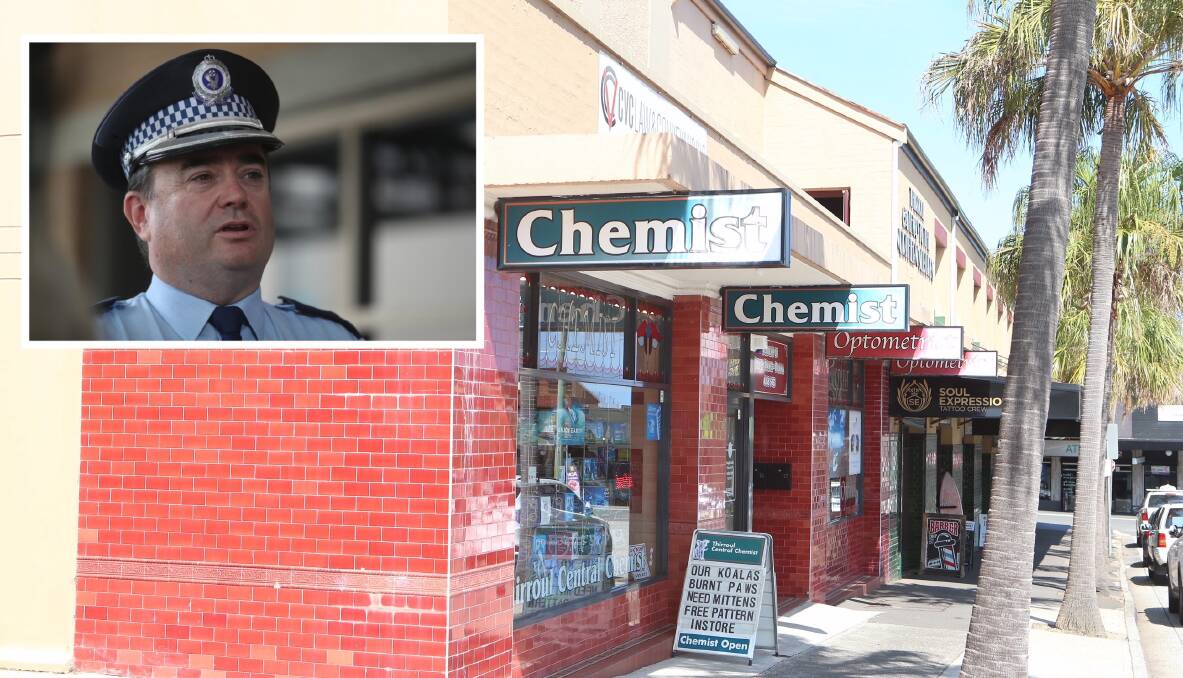 The man allegedly stole scripts and medications from Thirroul Central Chemist. Picture: Sylvia Liber. Inset: Supt Evan Quarmby. Picture: Robert Peet