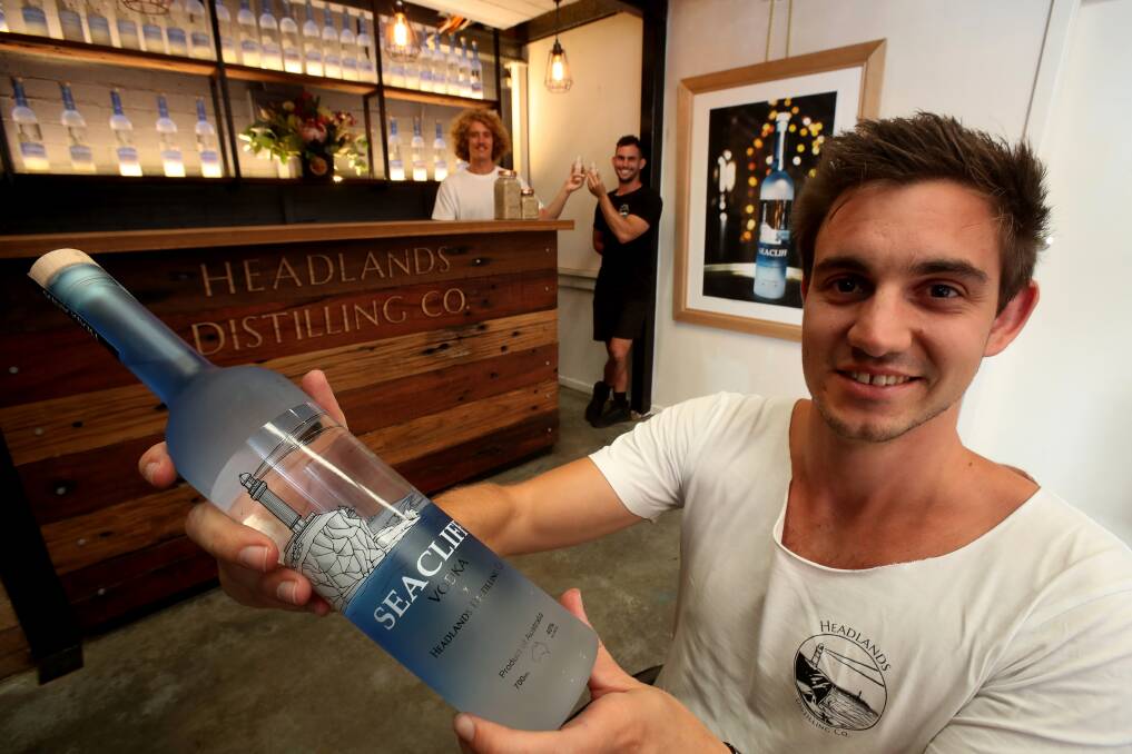 Taste test: Jared Smith, Lachlan Hingley and Dean Martelozzo opened Headlands Distilling Co in January. Picture: Robert Peet