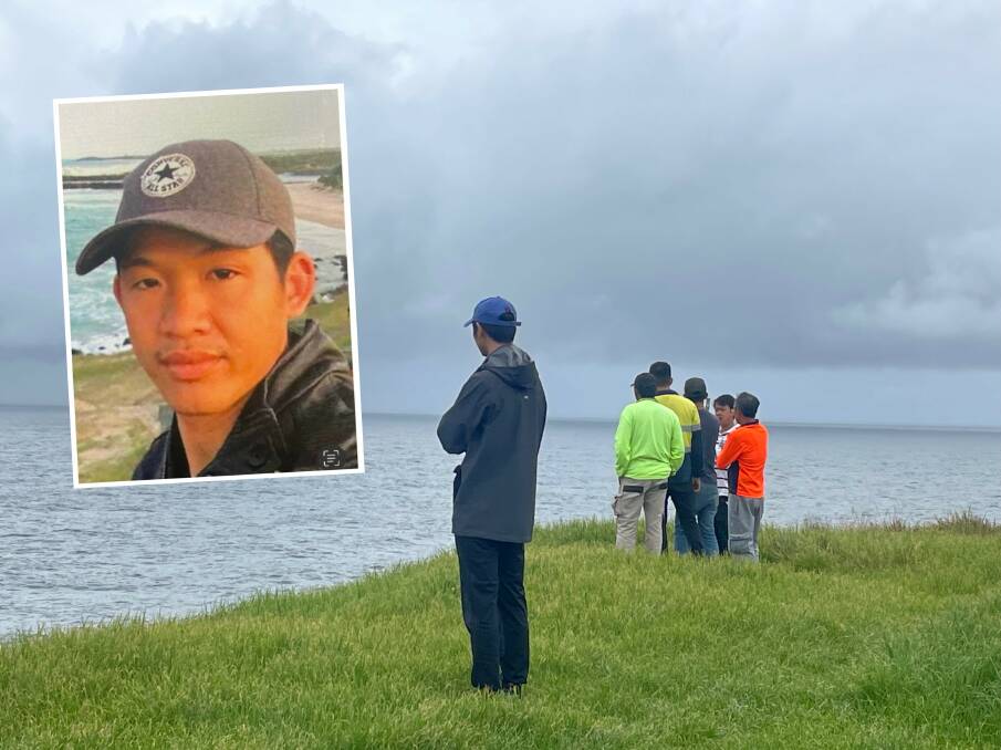 A search is underway for missing rock fisherman Duc Nguyen Ong after he did not return to his Fairfield home and is now feared to have been swept off the rocks of Kiama. Picture: Sylvia Liber, Inset: NSW Police