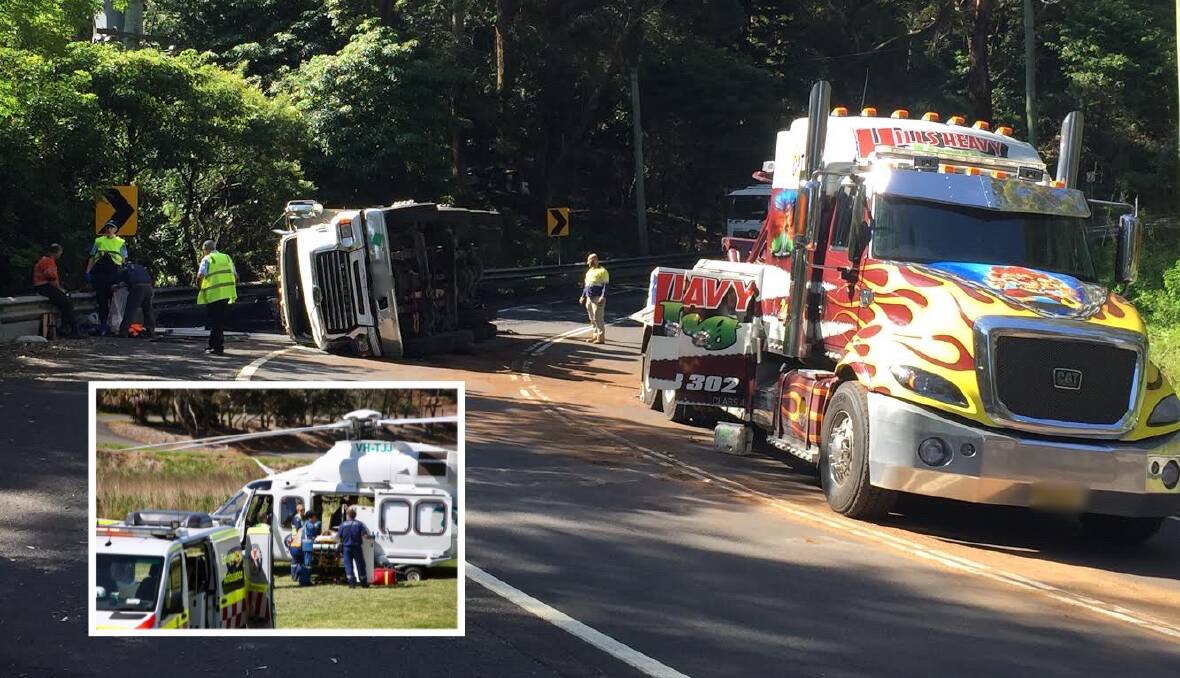A 19-year-old man was airlifted to hospital after a truck rollover at Stanwell Park on Tuesday. Pictures: Adam McLean