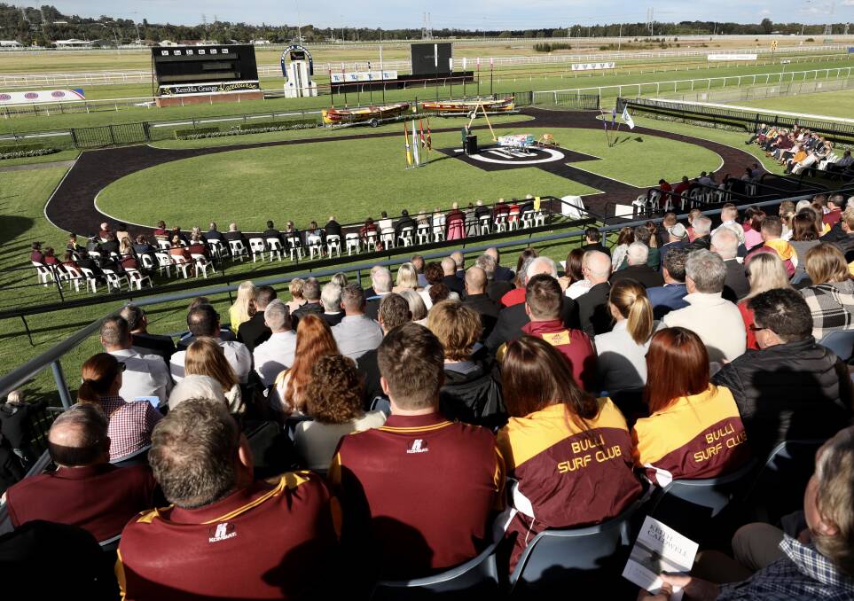 Thousands of people gathered at Kembla Grange Racecourse on Friday to celebrate the life of Bulli SLSC president Keith 'Cocky' Caldwell. Picture: Adam McLean