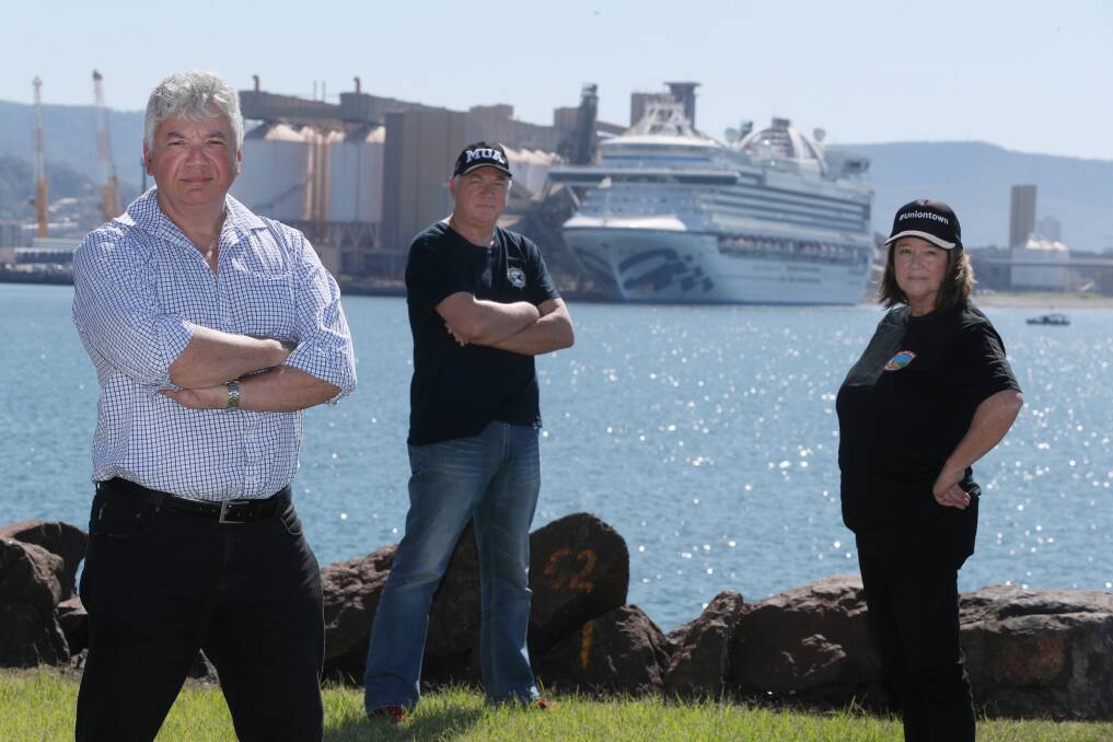 South Coast Labour Council secretary Arthur Rorris, Rob Paterson from the Maritime Union Australia and South Coast Labour Council president Tina Smith call on border force to not stand in the way of getting Ruby Princess crew members home. Picture: Robert Peet