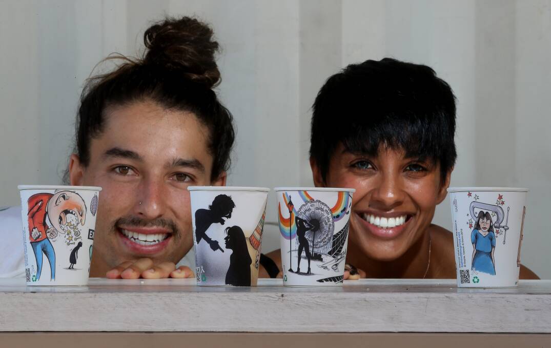 Blaise Gassin and Sarika Gupta have developed a community-based coffee cup venture to raise awareness around domestic violence. Picture: Robert Peet