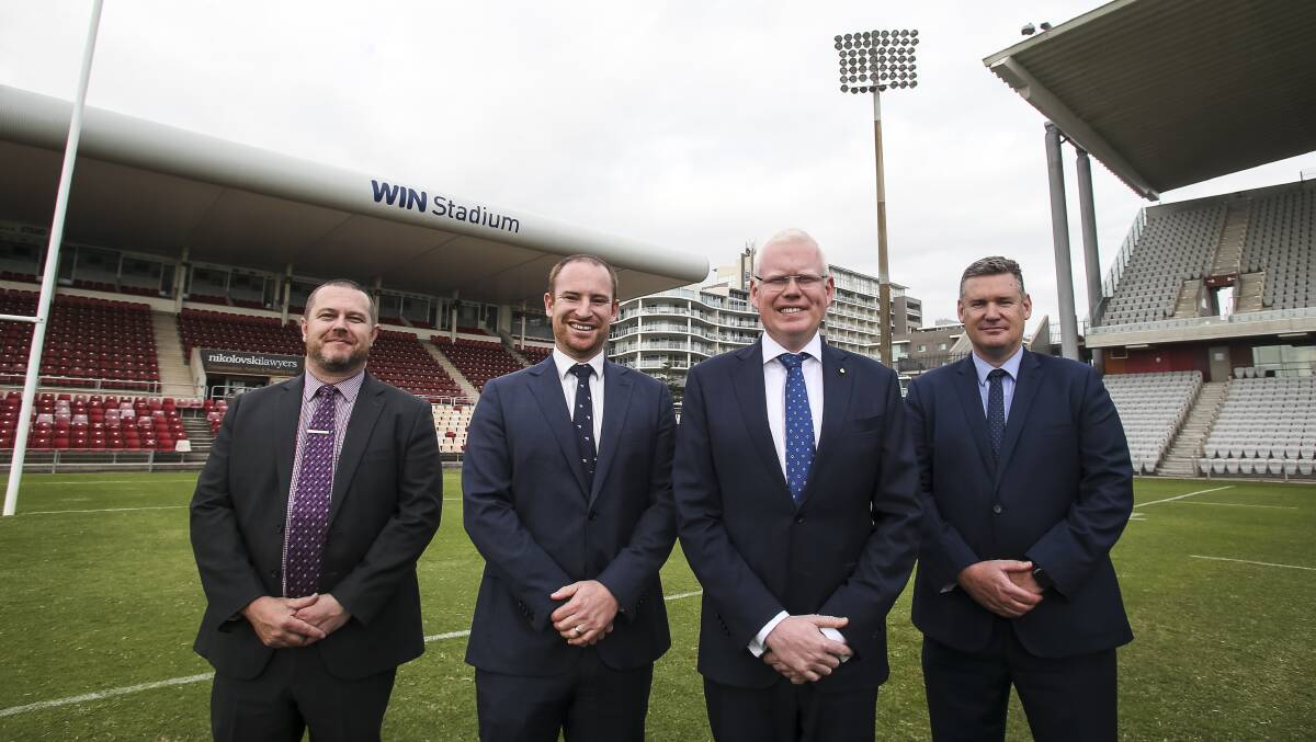 Chris Atlee helped announce that WIN Stadium would be the venue for an end-of-season Tests between Australia at New Zealand. He was joined by Jaymes Boland-Rudder, NRL Head of Government and Community, Gareth Ward MP, Member for Kiama and Paul Doorn, Venues NSW CEO. Picture: Anna Warr