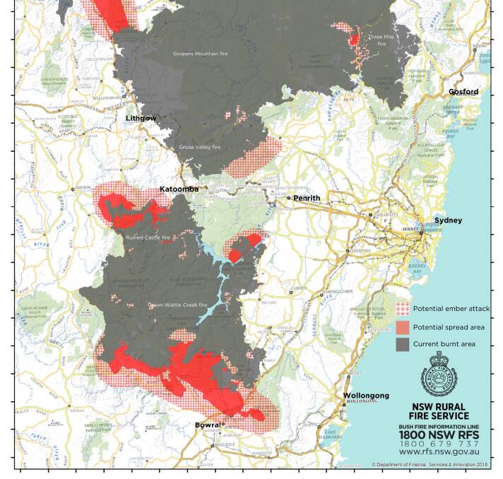 This map displays the predicted fire spread in areas surrounding Greater Sydney for New Years Eve. The map indicates the communities that may come under threat from embers or fire fronts. Picture: NSW RFS