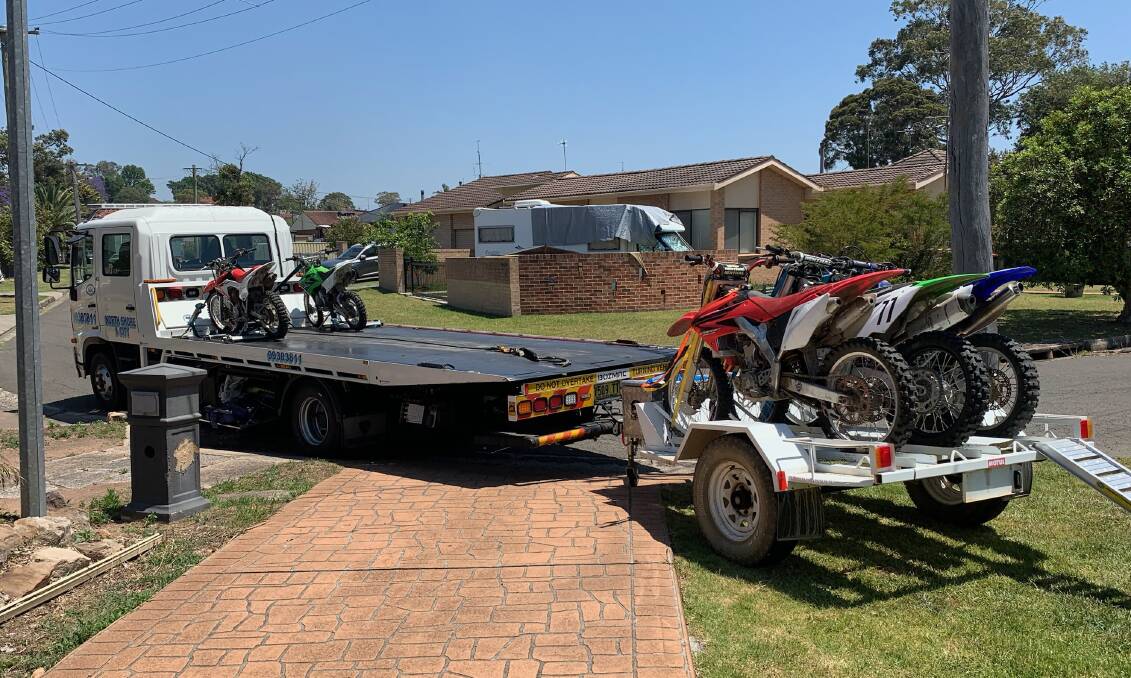 Police seized six motorbikes, believed to be stolen, during a search warrant of a Dapto home. Picture: NSW Police Force
