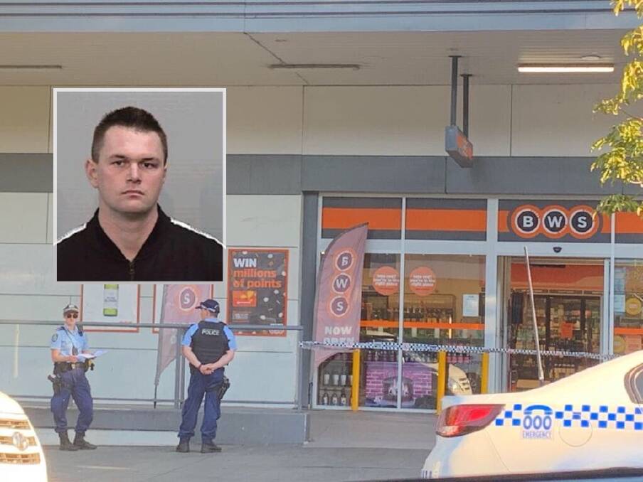 Warren Willis is wanted by police for the alleged armed robbery of a Burelli Street, Wollongong liquor store. Picture: Cydonee Mardon. Inset: NSW Police