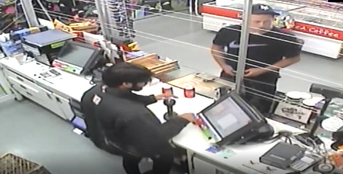 Matthew Spinks was captured on CCTV at 7-Eleven in Dapto buying two Cokes and a pie before driving to Unanderra. The footage was tendered to court. Picture: Supplied