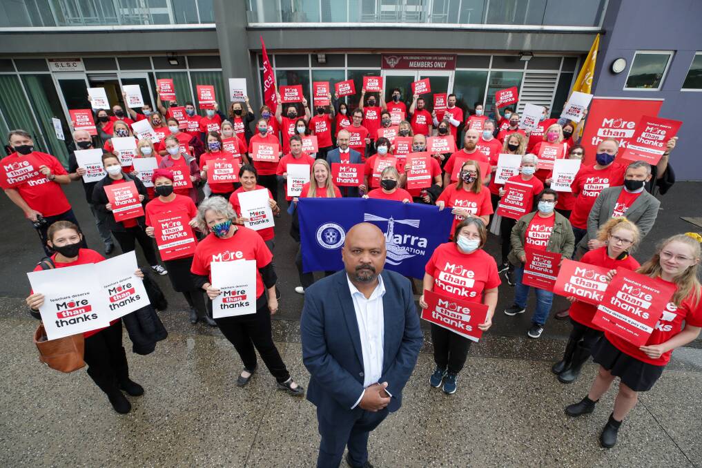 Rally: NSW Teachers Federation's Henry Rajendra and members protested over "government inaction" on staff shortages. Picture: Adam McLean