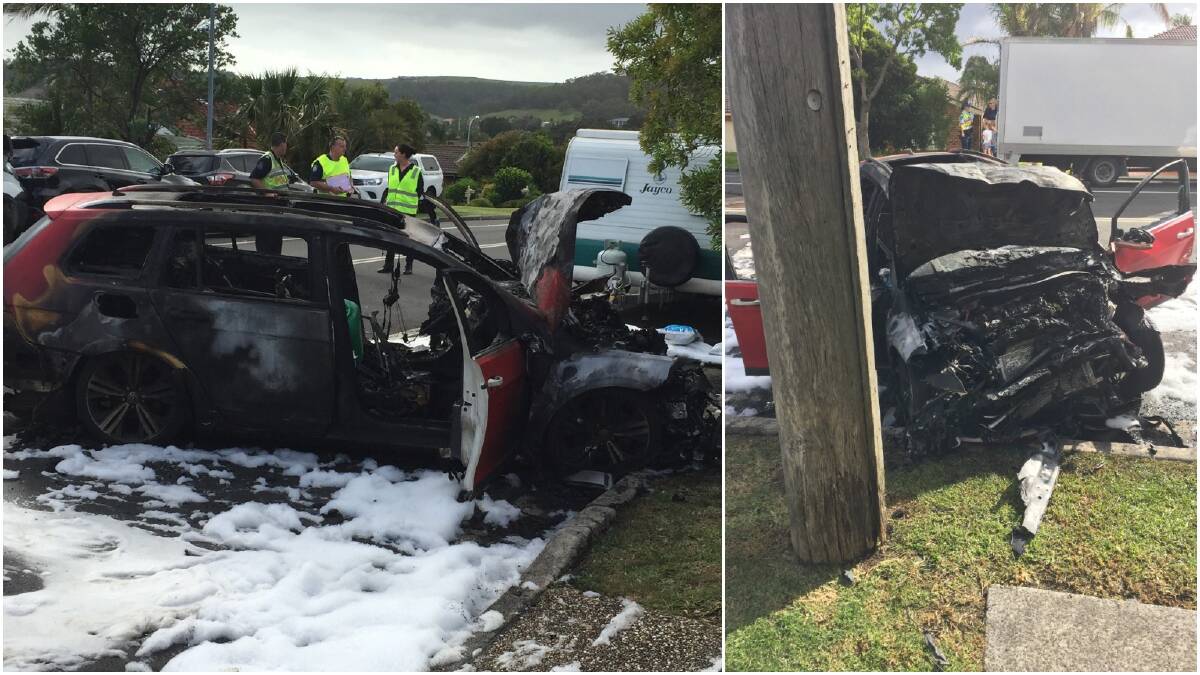 Police are investigating the fiery car crash at Albion Park. 