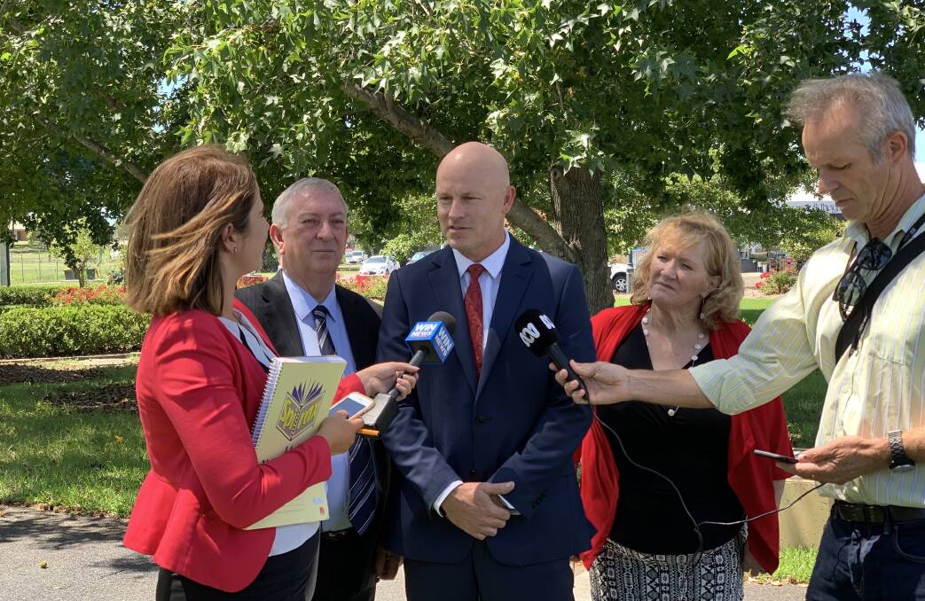 Labor spokesman Peter Primrose, Kiama candidate Andy Higgins and Shellharbour mayor Marianne Saliba being interviewed by journalists. Picture: Supplied