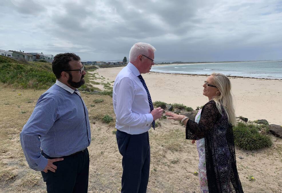 Parliamentary Secretary for the Illawarra Gareth Ward MP with Shellharbour City Councillor Kellie Marsh and the Liberal Candidate for Shellharbour Shane Bitschkat at Warilla Beach to announce grant funding to investigate the seawall.