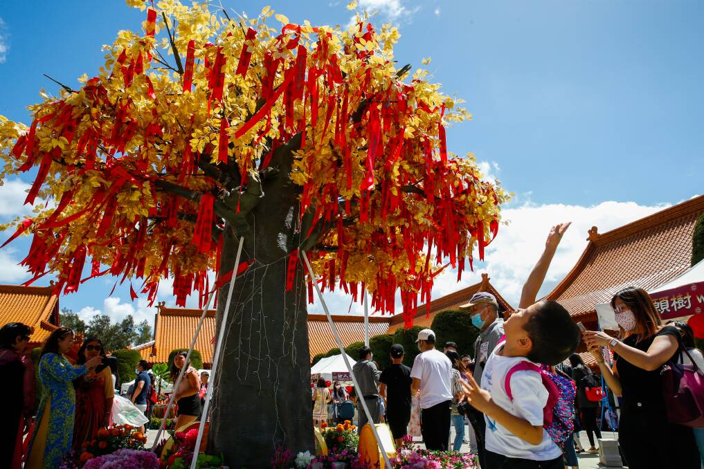 Lunar New Year celebrations at the Nan Tien temple involved making wishes at the Wishing Tree. Picture: Anna Warr