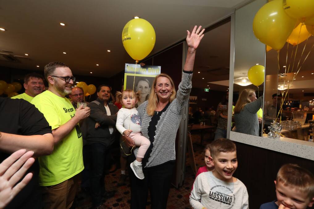 Sharon Bird celebrated her election victory at Figtree Bowling Club. Picture: Robert Peet