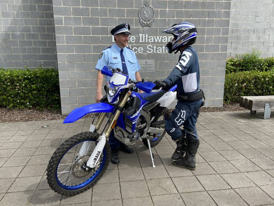Lake Illawarra Police District's Sergeant Peter Northey and trail bike unit officer Senior Constable Dyson as they vow to continue to take unregistered trail bikes off the roads. Picture: Ashleigh Tullis