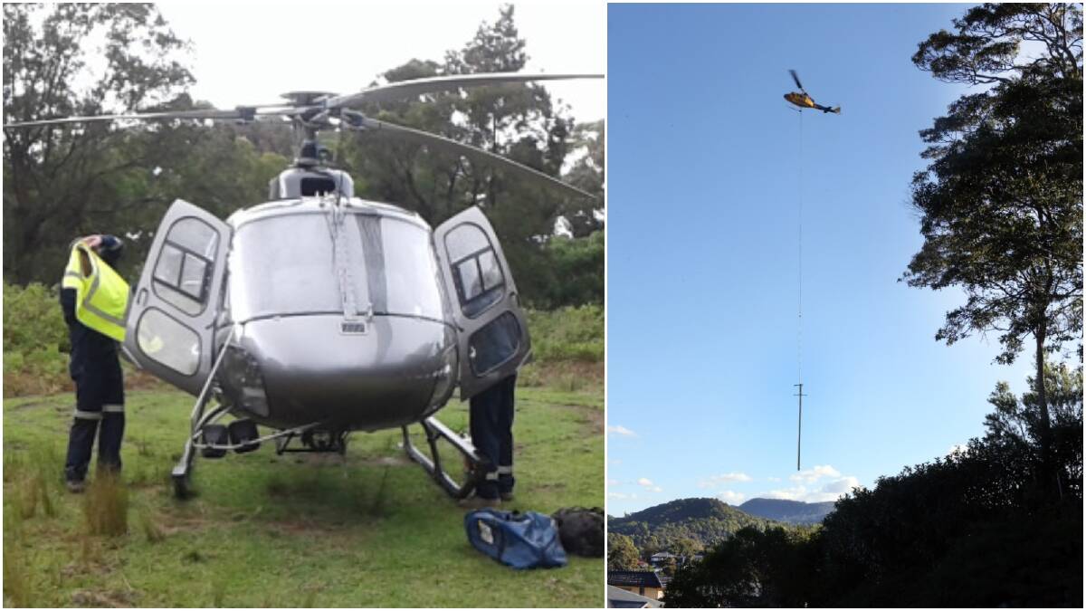 The helicopter delivered a power pole to the Mount Keira Summit Park on Tuesday (left). Helicopters have been seen flying over Wollongong transporting power poles in the past (right). PIcture: Robert Peet