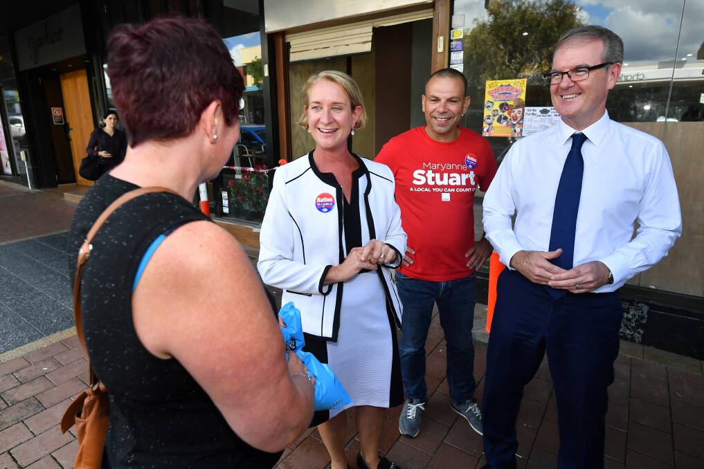 Labor candidate for Heathcote Maryanne Stuart (middle) and Labor legislative council candidate Mark Buttigieg joined NSW Leader of the Opposition Michael Daley during street walk at Engadine on Tuesday. Picture Joel Carrett