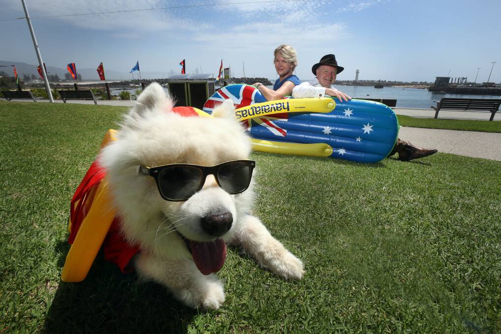 Excited: Wollongong’s Australia Day Ambassador, Nicki Bowman, and Lord Mayor Gordon Bradbery with Paddington, last year's Peoples Choice and Best Dressed winner in the Ozzy Doggy Show at Belmore Basin. Picture: Robert Peet