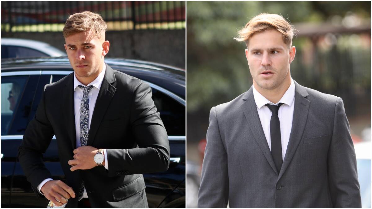 Callan Sinclair and Jack de Belin arrived at court on Friday to listen to the third day of cross-examination of the alleged victim in their NSW District Court sexual assault trial. Pictures: Adam McLean