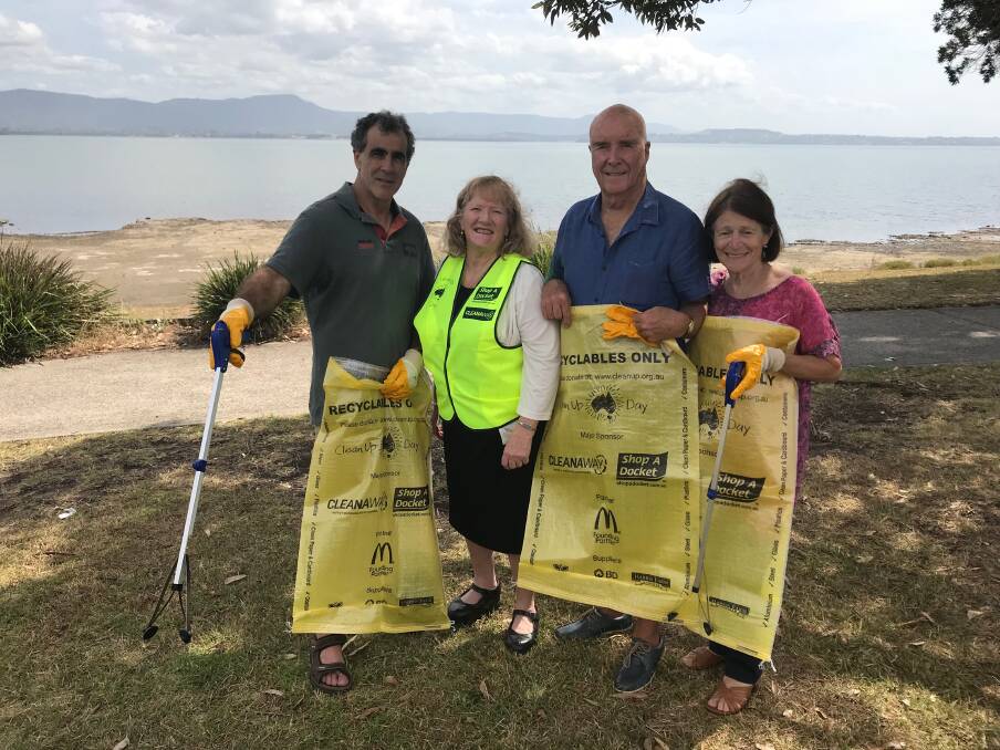 Shellharbour mayor Marianne Saliba with Lake Illawarra Foreshore Improvement Group spokesperson John Davey and members Don Martin and Julie Atkin ahead of Clean Up Australia Day on Sunday. Picture: Shellharbour City Council