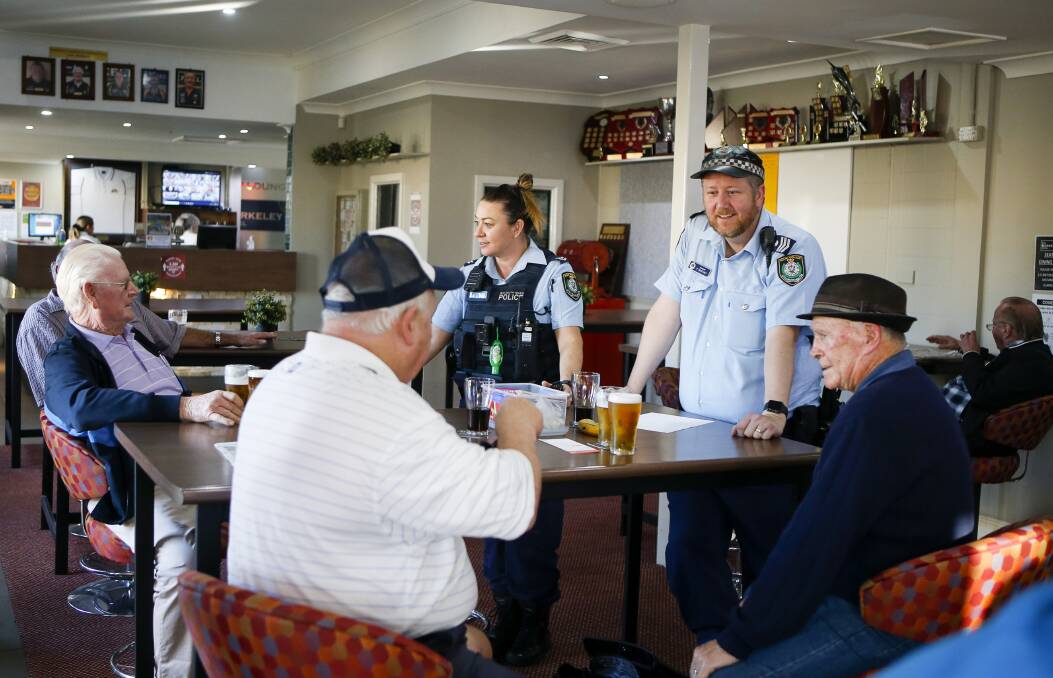 High visibility: Senior Constable Taryn Jones and Sergeant Peter Northey carried out a COVID-19 compliance check at Berkeley Hotel. Picture: Anna Warr