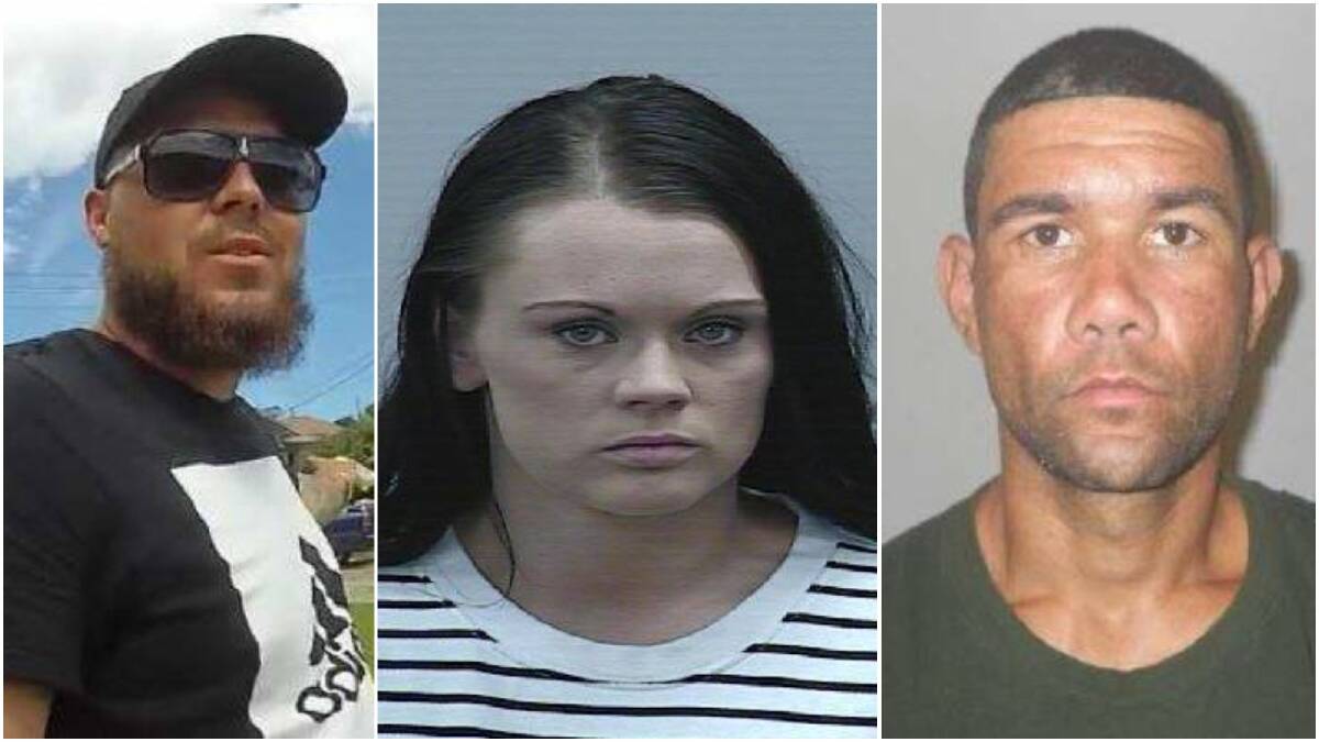 Andrew Russell (right) and Holly Green were arrested on the Central Coast and Darren Butler (left) is still wanted for questioning over a fatal crash at Albion Park Rail. Pictures: NSW Police