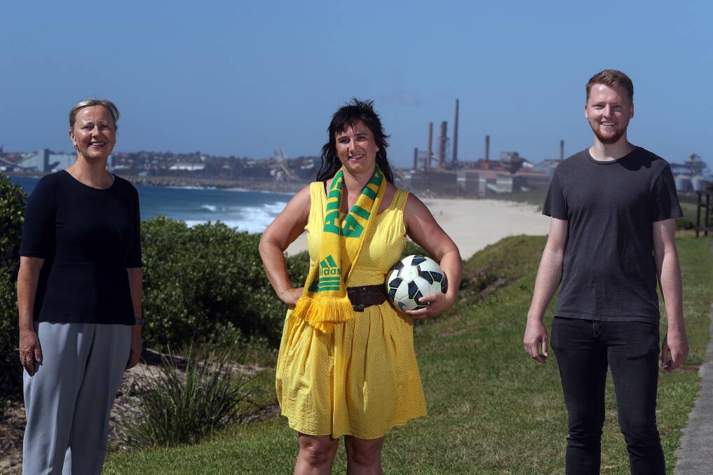 Illawarra Greens Mithra Cox (middle), Kaye Osborn and Mitchell Shakespeare believe residents would get behind a 2023 Women's soccer World Cup. Picture: Robert Peet