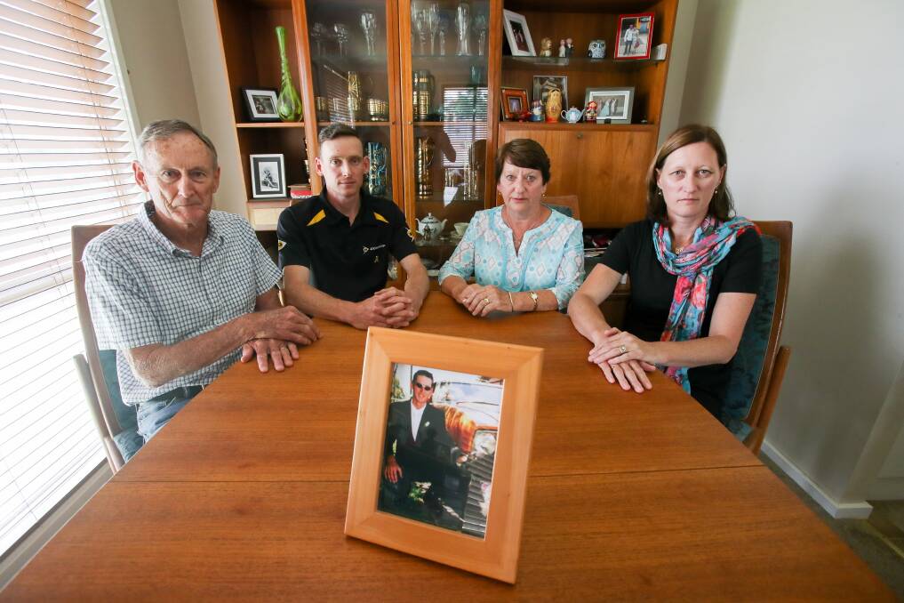 Heartbroken: Parents Neil and Beverley Gorman and siblings Mark Gorman and Sharon Heyburgh of Michael Gorman, a truck driver who died in a crash, are calling for barriers to be installed on Picton Road. Picture: Adam Mclean
