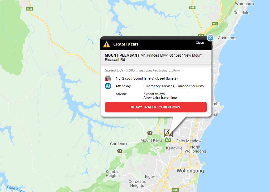 Live Traffic is reporting an eight car accident on the M1 Prince Motorway at Mount Ousley.