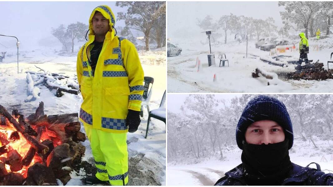 Keeping warm: Lake Illawarra Police officers have faced freezing conditions while they patrol the Barry Way checkpoint on the NSW/Victorian border. Pictures: Lake Illawarra Police District