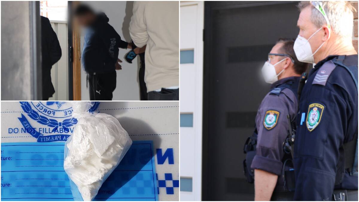 A man is arrested in Coniston as part of Strike Force Mote; (below left) drugs seized as part of the 10-home raid. Pictures: NSW Police