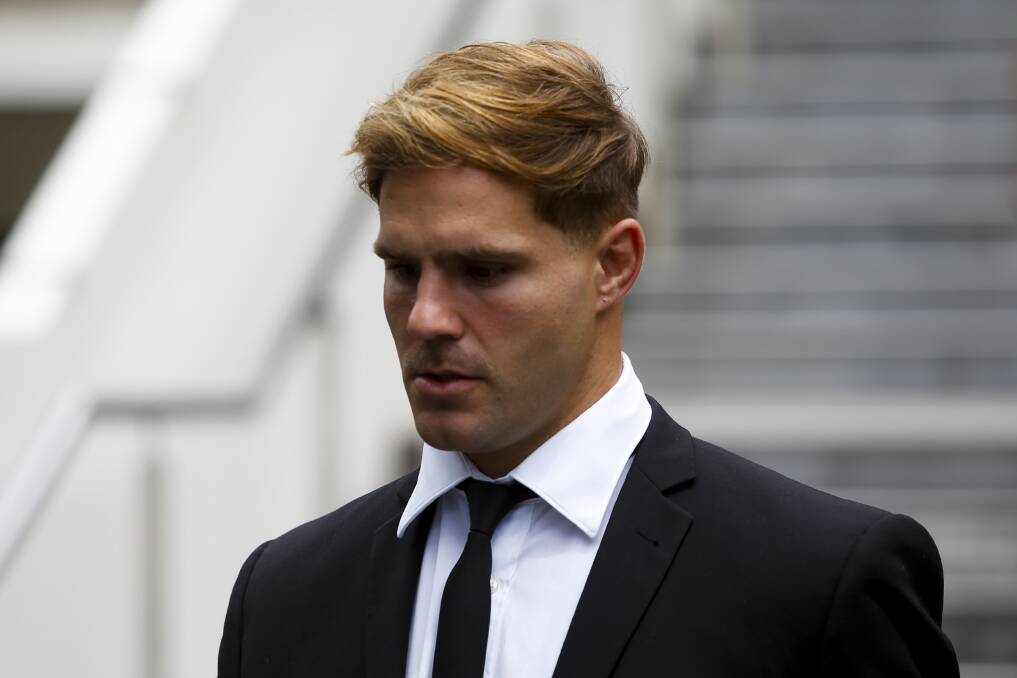 Jack de Belin listened to his friend Callan Sinclair provide evidence in their sexual assault trial. Picture: Anna Warr
