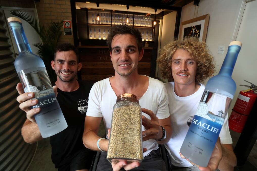 Next step: Headland Distilling Company owners Lachlan Hingley, Dean Martelozzo and Jared Smith are hoping to sell their vodka on site. Picture: Robert Peet