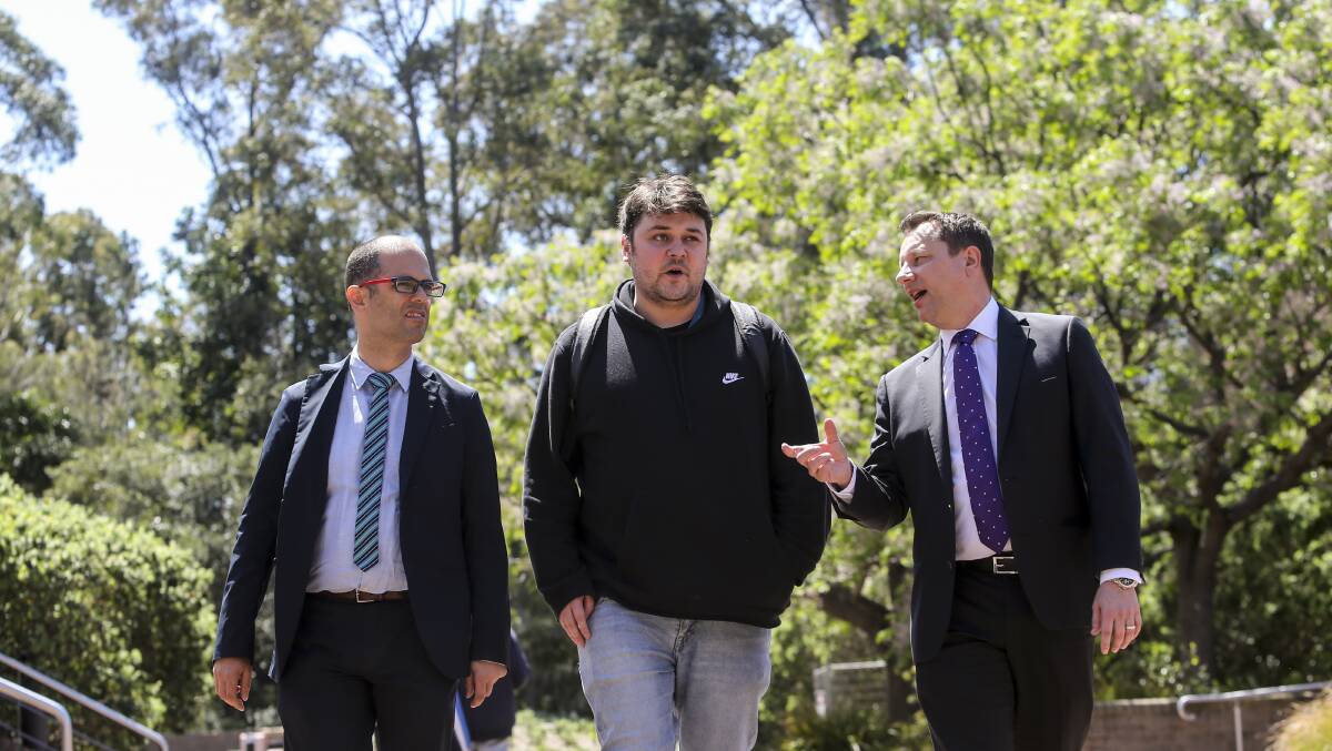 Zac Jory spoke to Wollongong MP Paul Scully and shadow minister for finance, small business and the gig economy Daniel Mookhey about his experience with being underpaid. Picture: Anna Warr