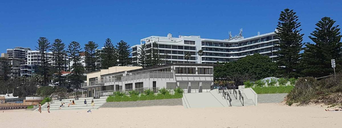 The council has plans to build stepped seating into a new sea wall, which would protect North Wollongong SLSC from erosion. Picture: 2018 artist's impression.