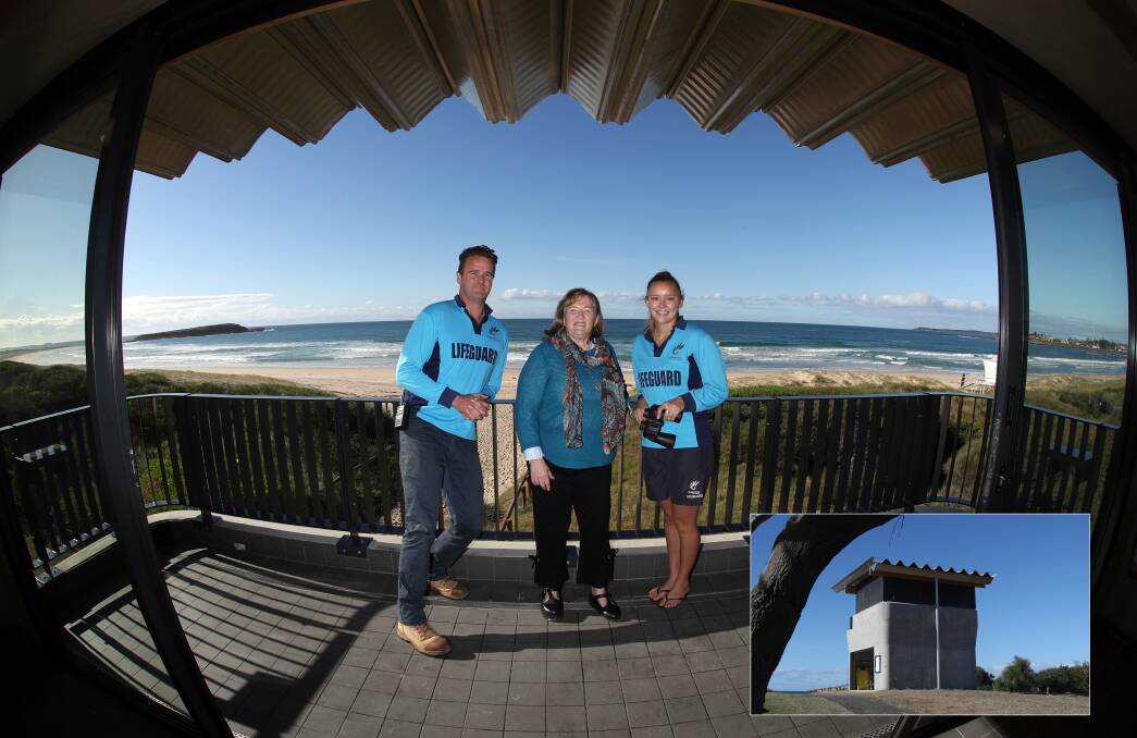 Finally here: Shellharbour mayor Marianne Saliba and council lifeguards Murray Copas and Felicity Reid were proud to be standing in the new Warilla lifeguard tower. Picture: Robert Peet