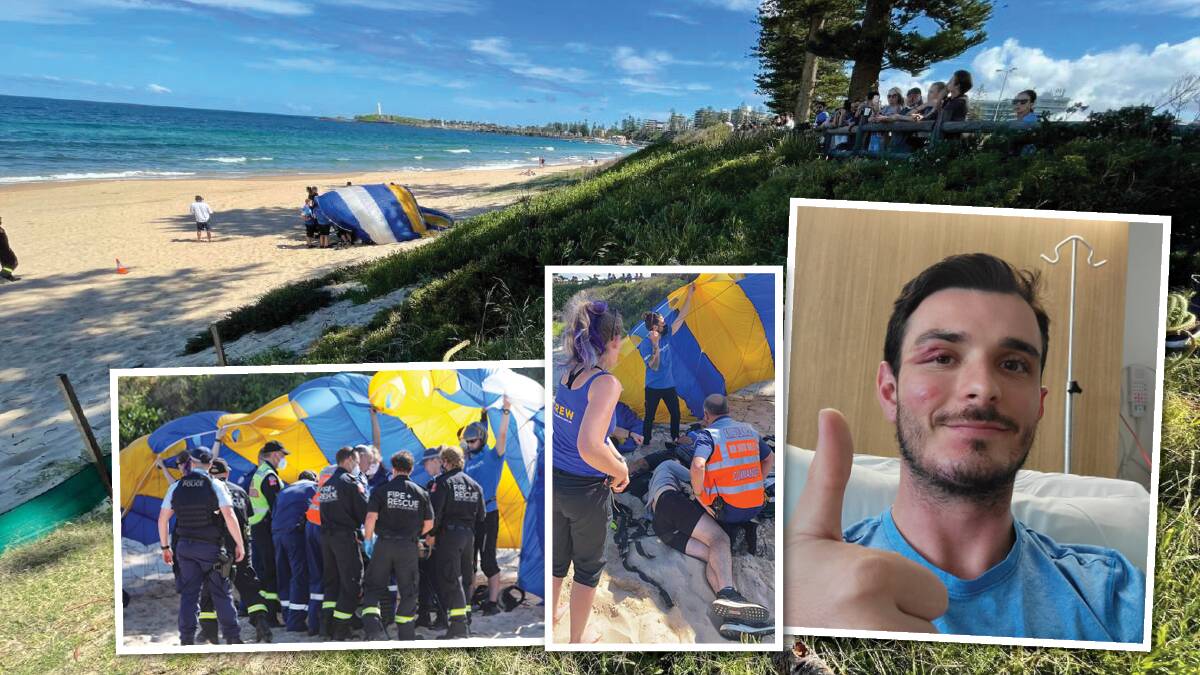 Brooklan Frkovic is recovering well after crashing to the ground during a skydiving jump at North Wollongong Beach. Pictures: Supplied