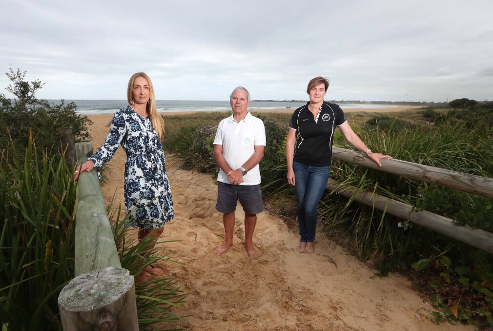 Other options: Woonona Beach Committee's Julee Brienen, Beach Care Illawarra's Michael Barnett and Woonona Surf Life Saving Club's Stacey Paddon want an education campaign to combat tree vandalism. Picture: Sylvia Liber