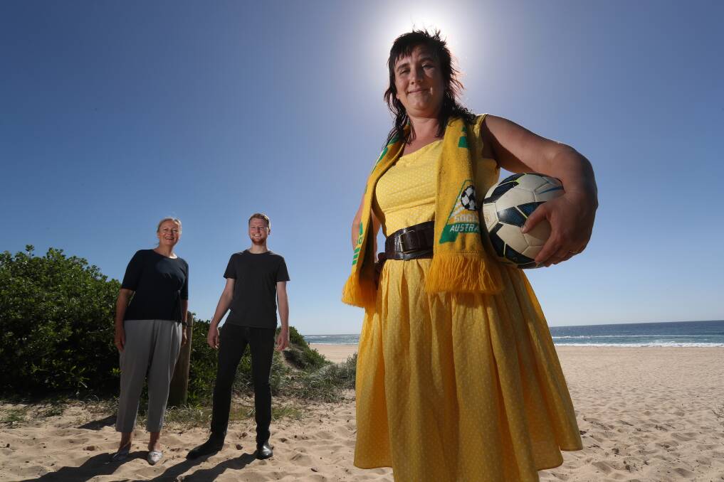 Support: Illawarra Greens Mithra Cox, Kaye Osborn and Mitchell Shakespeare want Wollongong to host women's soccer World Cup games. Picture: Robert Peet