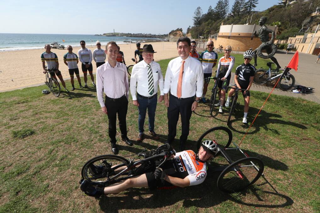Sport Cycling Australia general manager Kipp Kaussman, Wollongong Lord Mayor Gordon Bradbery and acting Minister for Sport Geoff Lee with Illawarra Cycle Club member Brian Gardner at the announcement of a Legacy Fund. Picture: Robert Peet